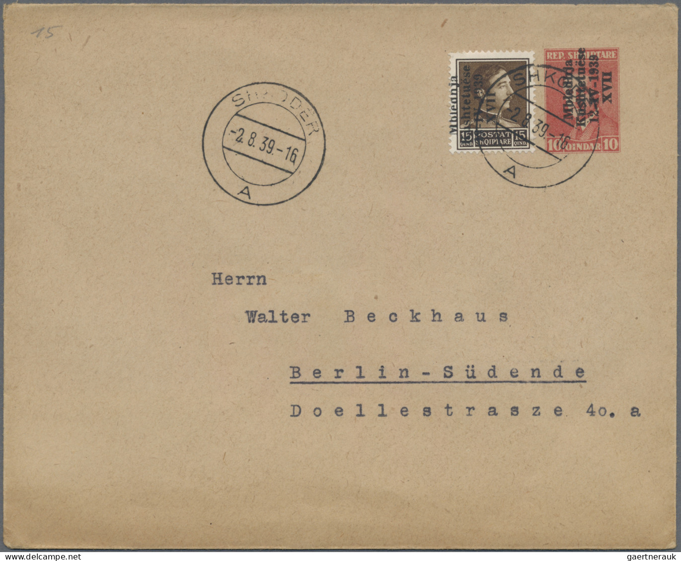 Albania - Postal Stationery: 1939, 10 Q Brick-red Overprint Postal Stationery Co - Albania