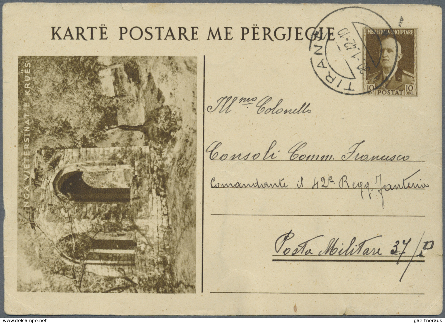 Albania - Postal Stationery: 1942, 10 Q Brown Postal Stationery Picture Replay C - Albanië