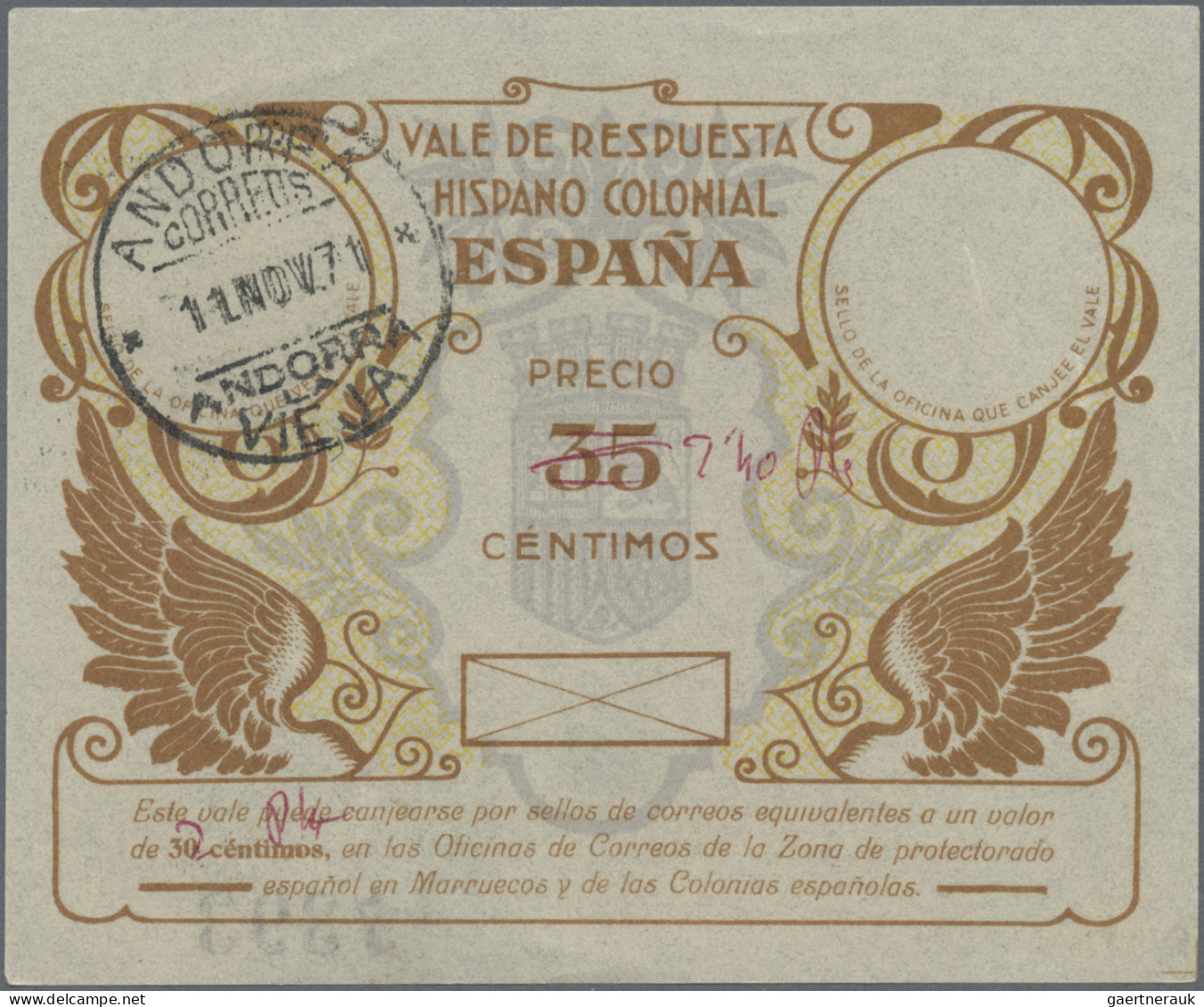 Andorra - Spanish PO: 1971 Intern. Reply Coupon "Vale De Respuesta Hispano Colon - Altri & Non Classificati