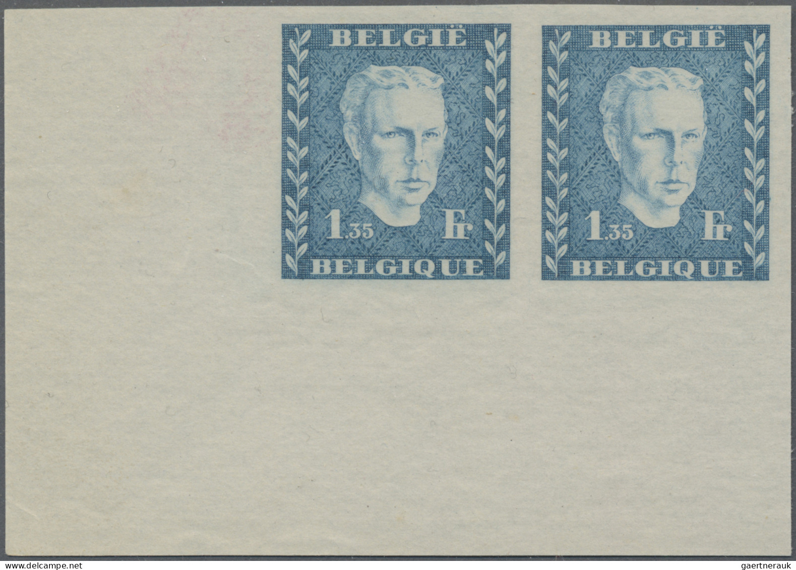 Belgium: 1947 (ca), UNISSUED Prins Karel, 1.35 Fr Blue/red/green, Horizontal Pai - Unused Stamps