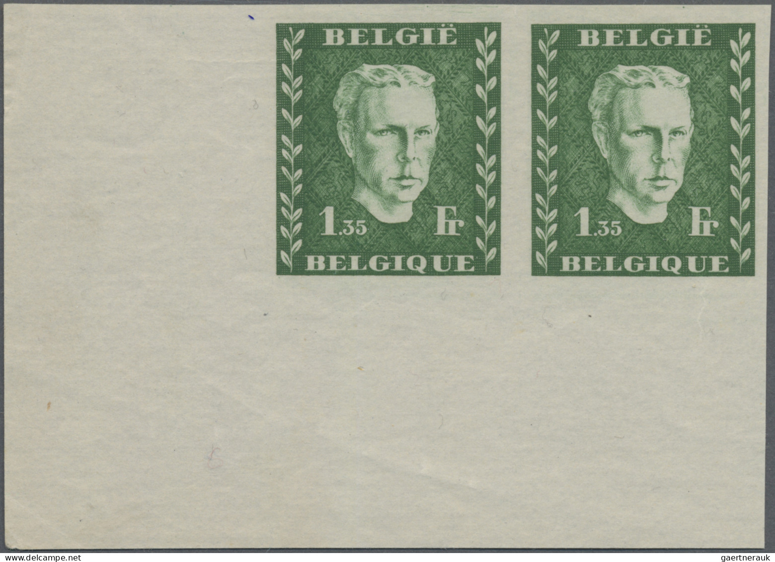 Belgium: 1947 (ca), UNISSUED Prins Karel, 1.35 Fr Blue/red/green, Horizontal Pai - Nuovi