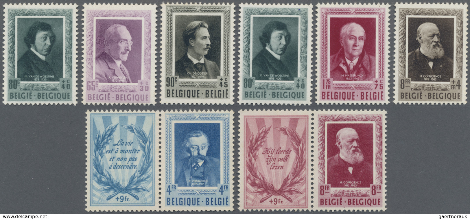 Belgium: 1952, Writers, 65 C - 8 Fr And 4 Fr / 8 Fr With Tabs, Mnh - Nuevos