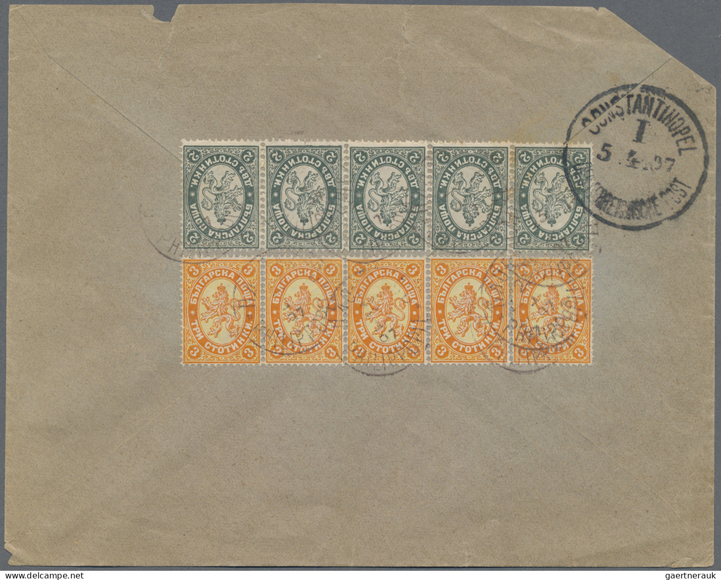 Bulgaria: 1882, Lion 2st. Green/grey And 3st. Orange/yellow, Two Horizontal Stri - Lettres & Documents