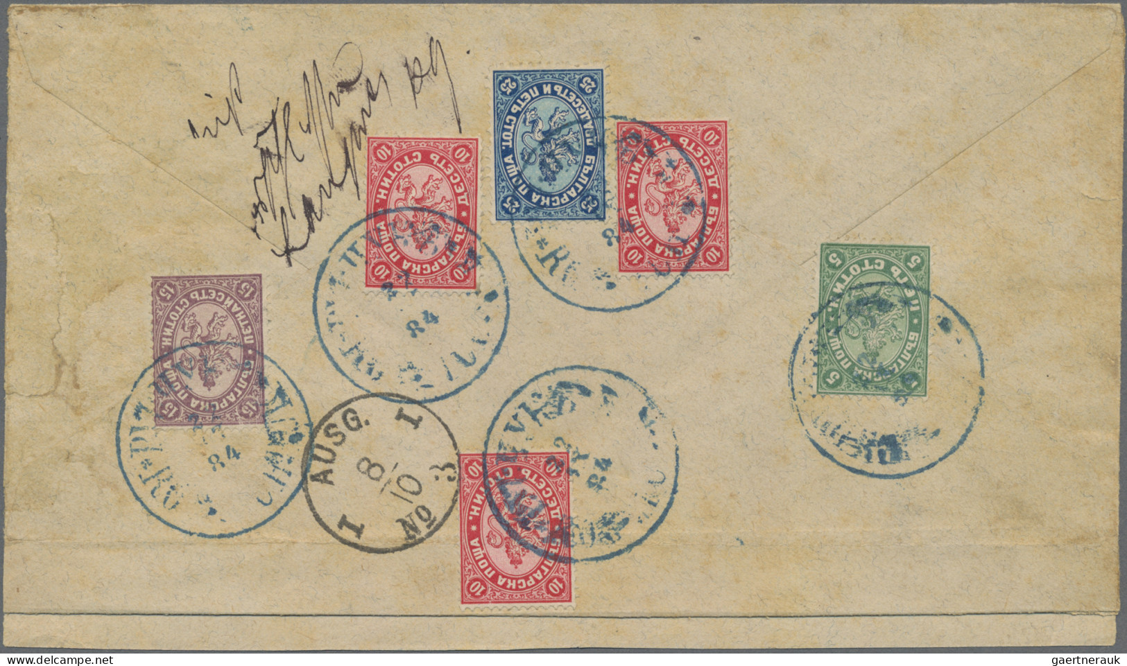 Bulgaria: 1882, Lion 5st. Green/grey-green, 10st. Rose/orange (3), 15st. Lilac/p - Lettres & Documents