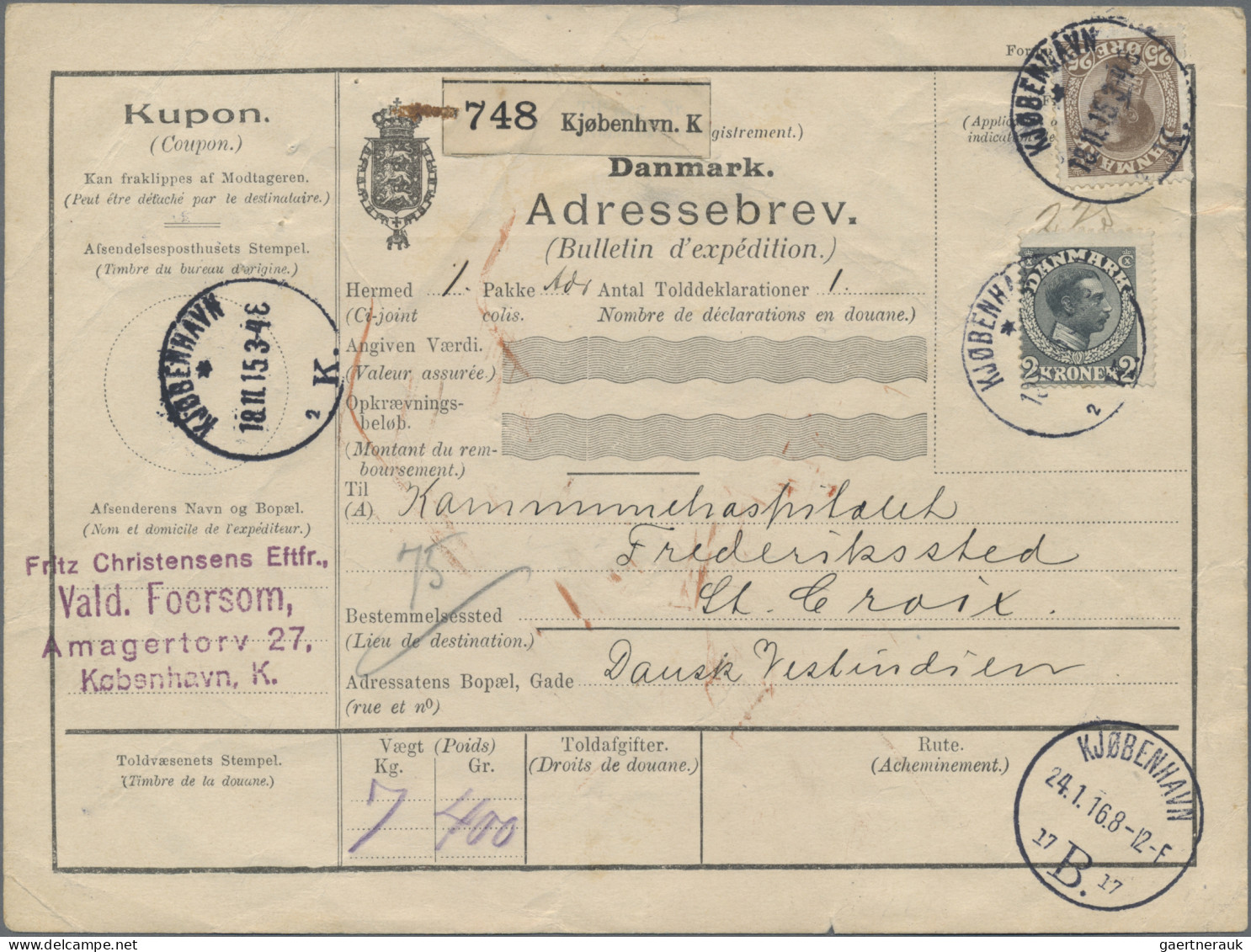 Denmark: 1915 Parcel Card For A Packet Of 7.40 Kg From Copenhagen To St. Croix, - Briefe U. Dokumente