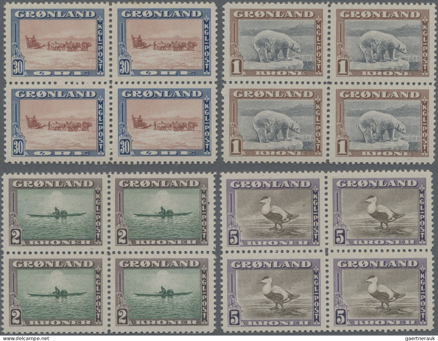 Greenland: 1945 'New York Issue' Complete Set Of 9 Each In Block Of Four, Mint N - Brieven En Documenten