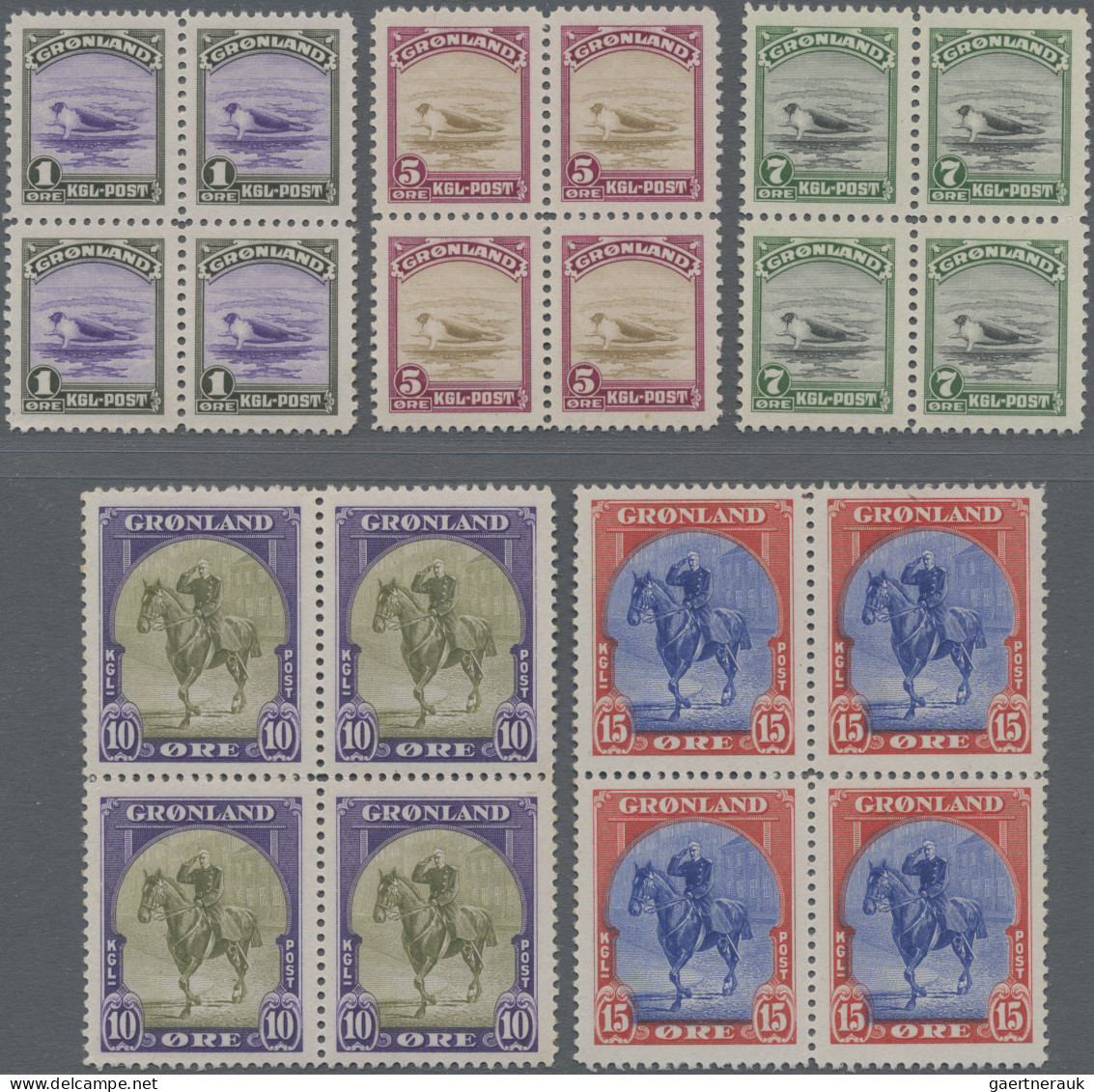 Greenland: 1945 'New York Issue' Complete Set Of 9 Each In Block Of Four, Mint N - Brieven En Documenten