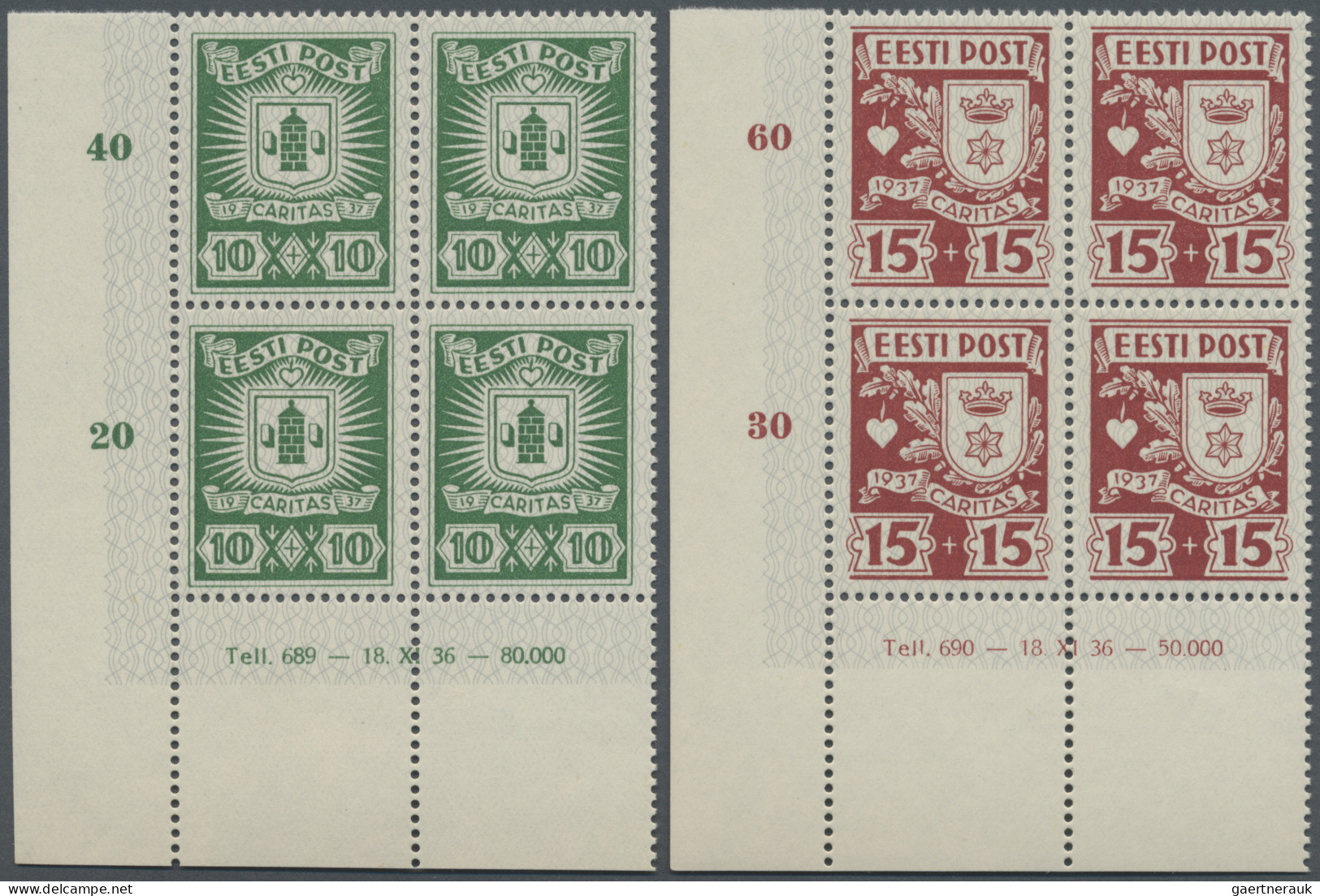 Estonia: 1937, Stadtwappen (II), Kpl. Satz (4 Werte) In Postfrischen ER-4er-Blöc - Estonia