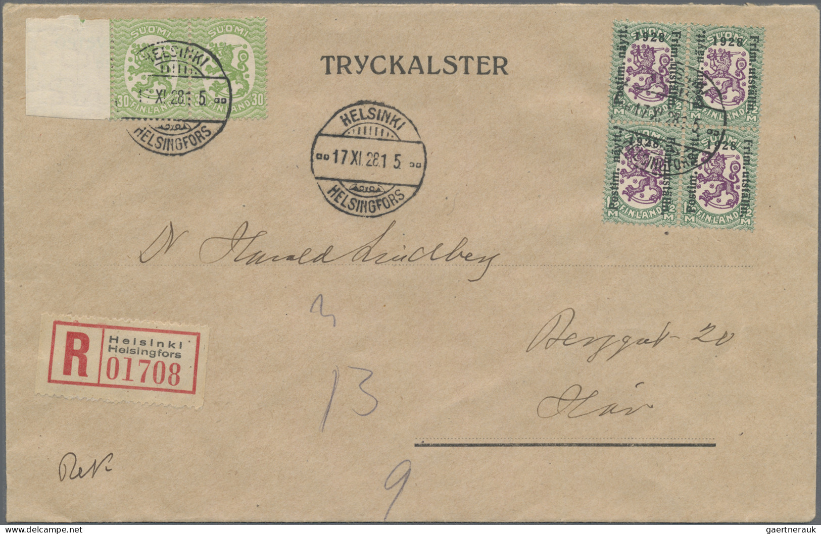 Finland: 1928 Two Registered Covers With Good Frankings Used Helsinki Locally, O - Cartas & Documentos