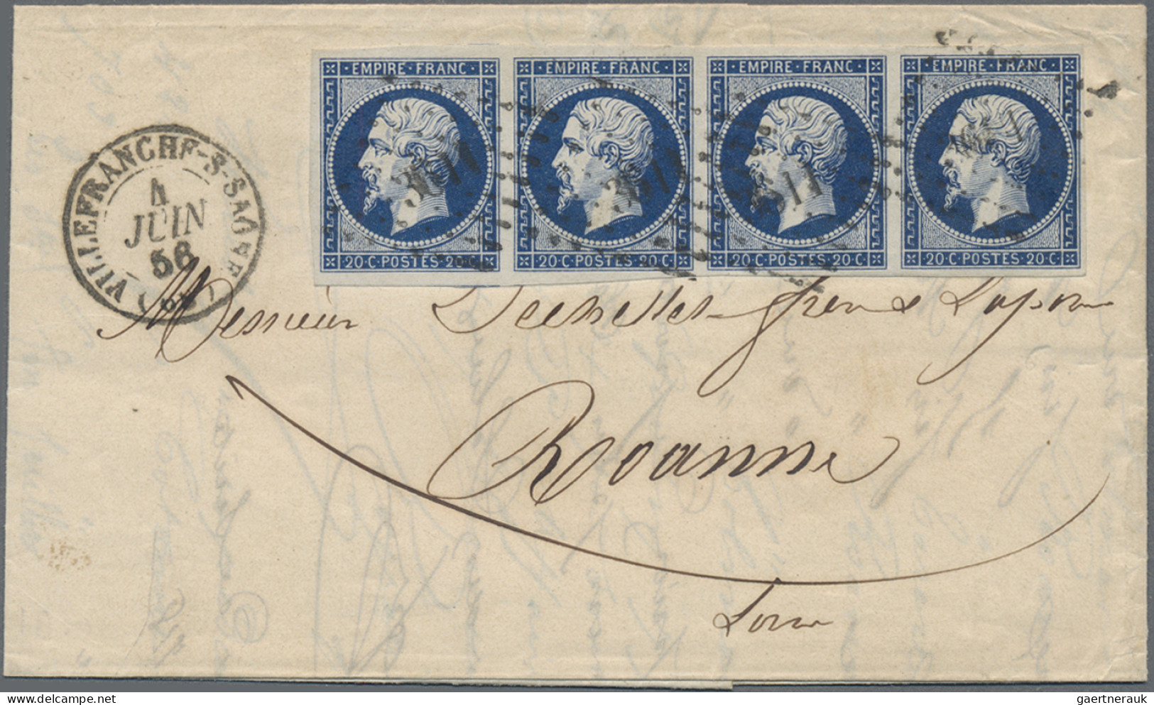 France: 1853, Empire Nd 20c. Deep Blue, Horizontal Strip Of Four, Fresh Intense - Covers & Documents
