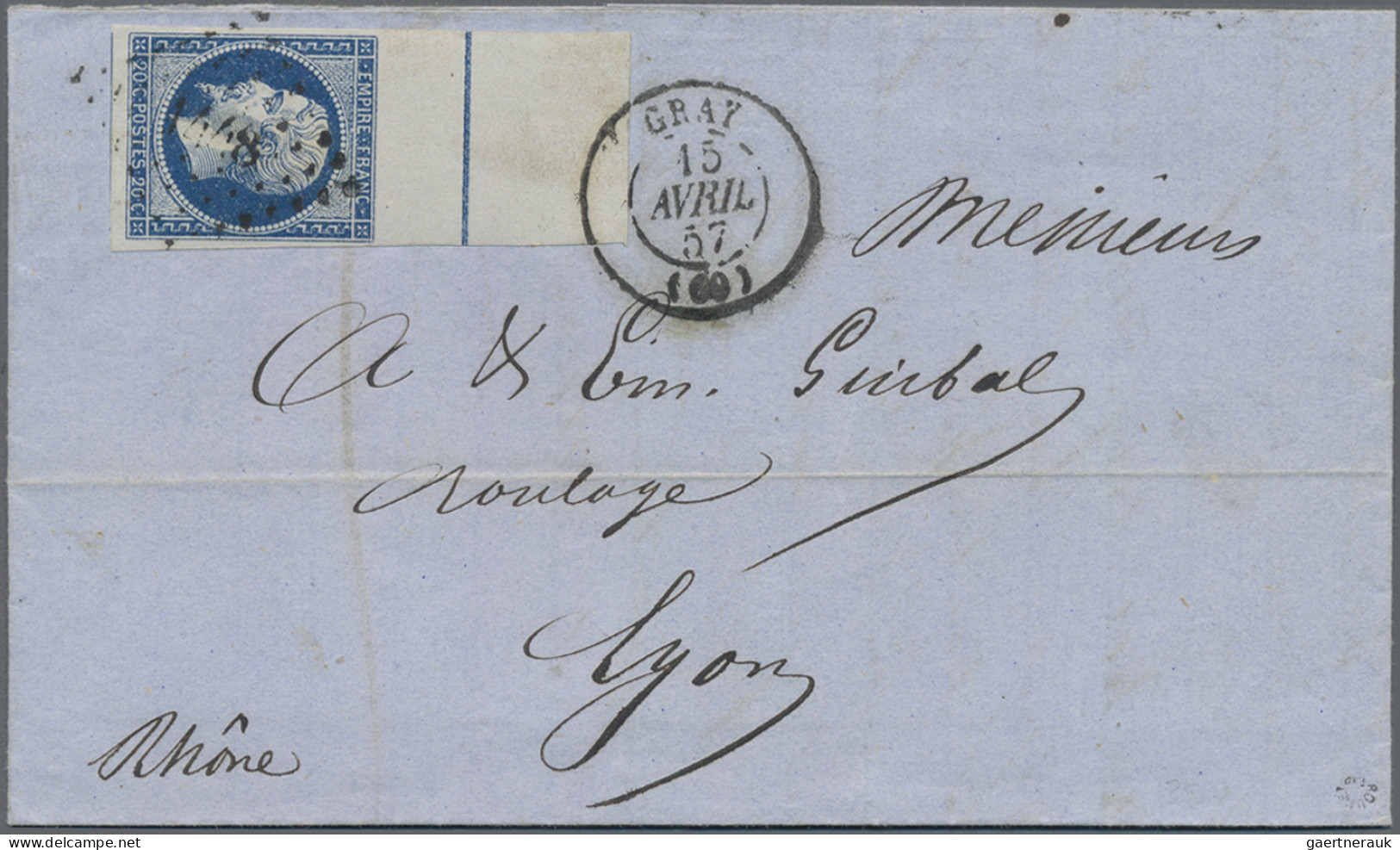France: 1853 Napoleon 20c. Blue, Type I, With Sheet Margin At Top Showing Blue F - Covers & Documents
