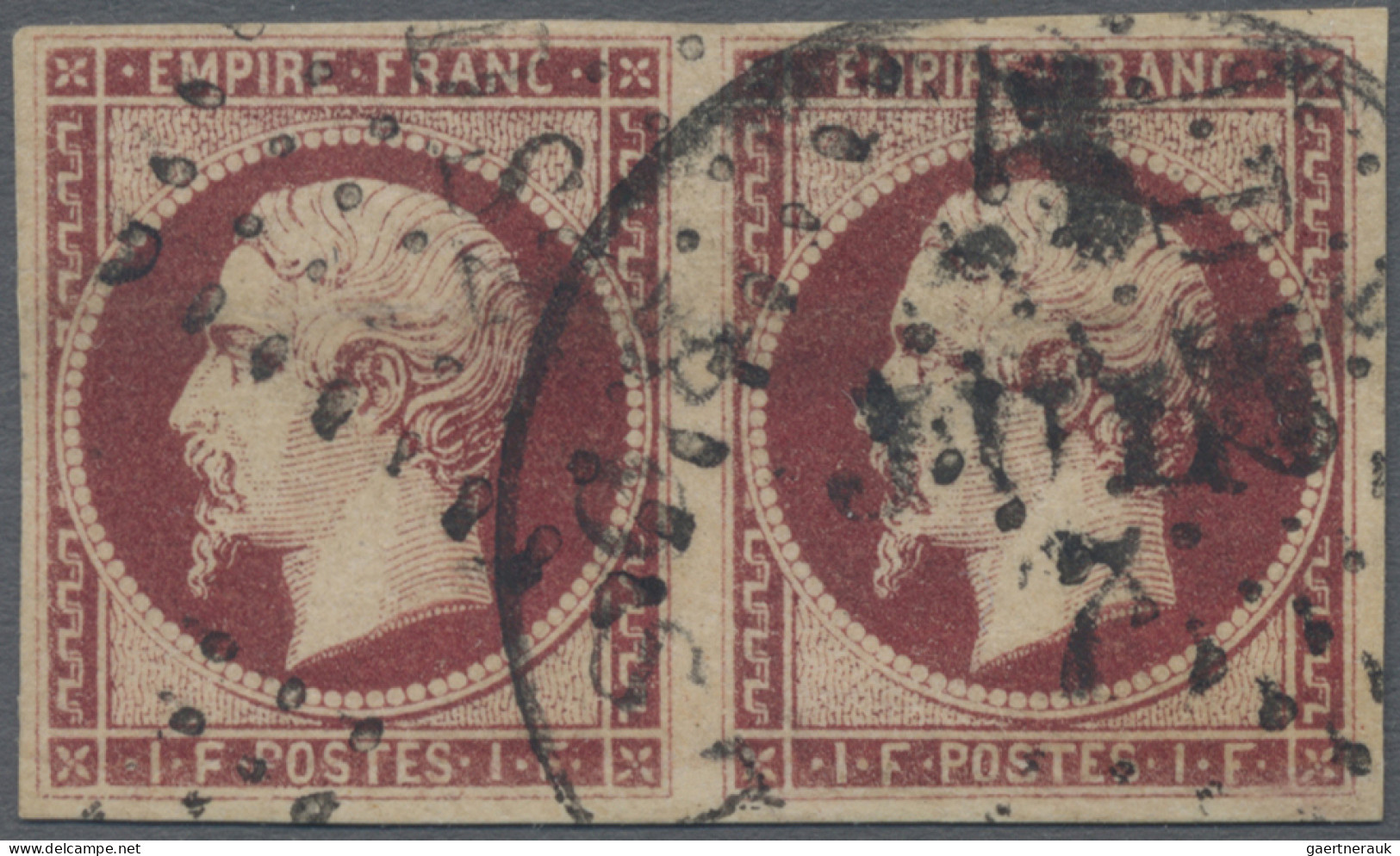 France: 1853 Napoleon 1fr. Carmine, Horizontal Pair, Used And Cancelled By "DS2" - Gebruikt