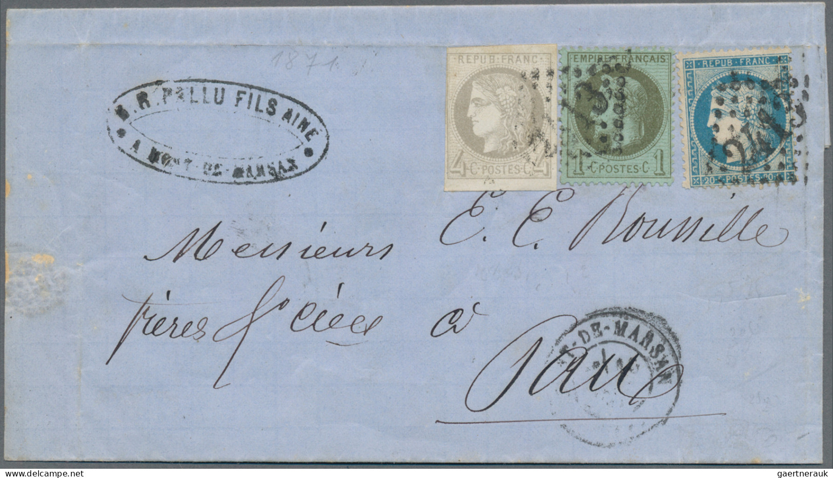 France: 1871, Brief Mit Drei Ausgaben-Mischfrankatur, Entwertet Mit Nummernstemp - Covers & Documents