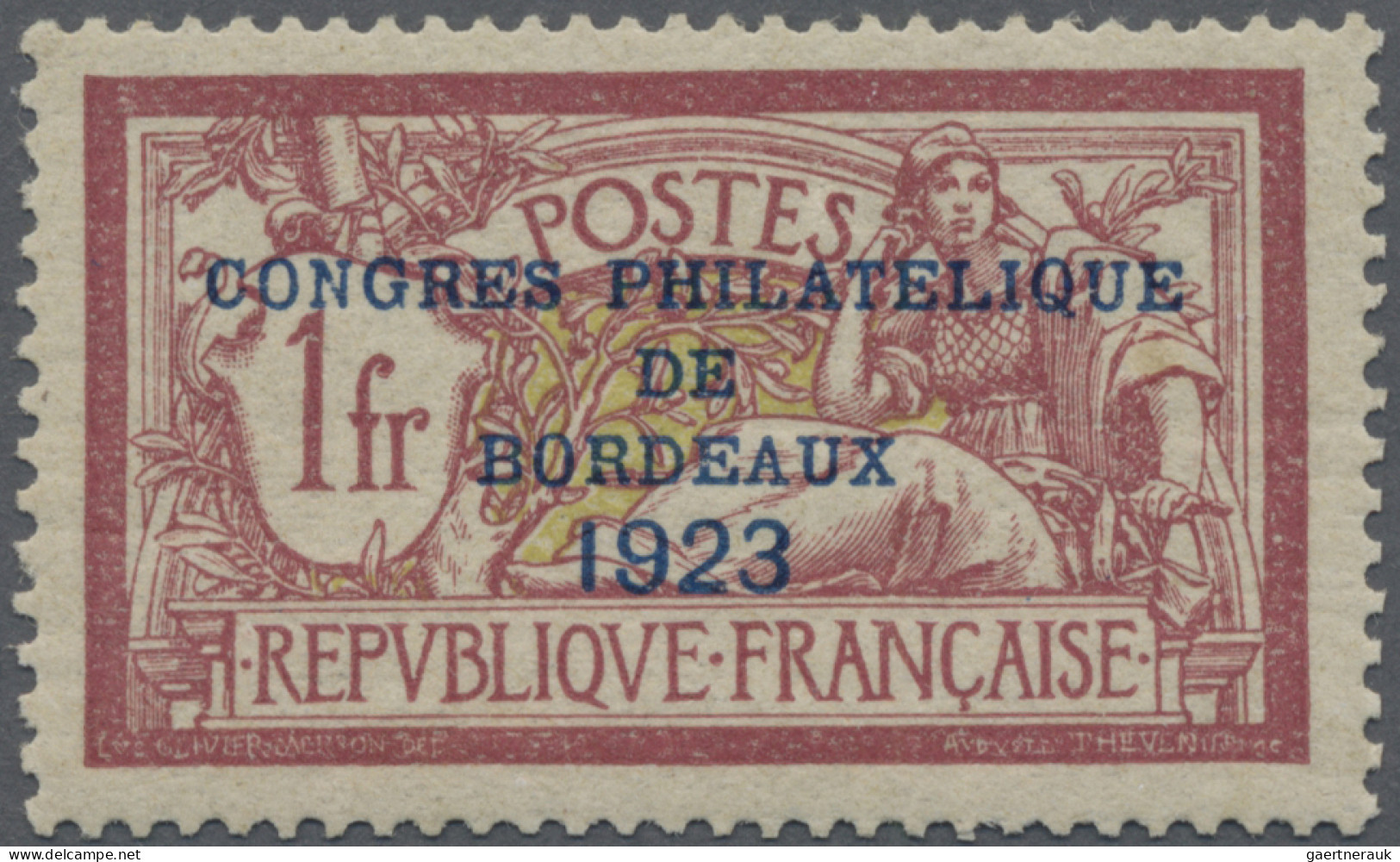 France: 1923, 1fr. Lilac Red & Olive With Well Centred Overprint 'Congres Philat - Ungebraucht