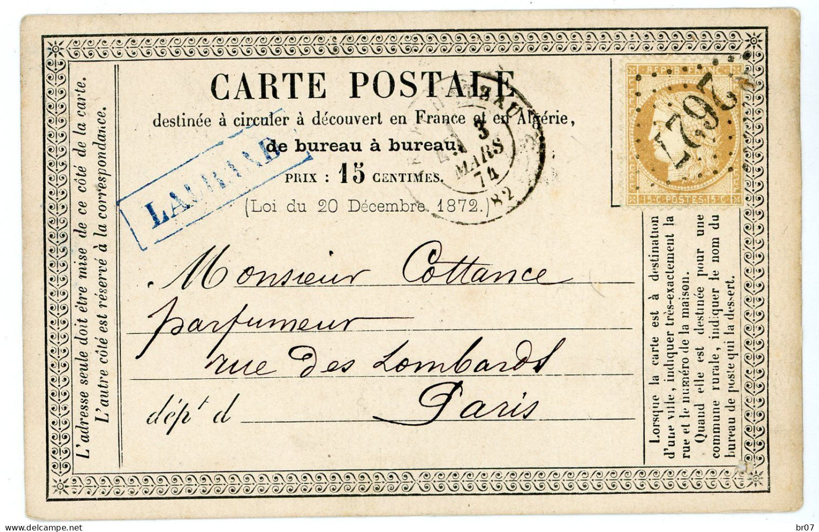 VOSGES CPP 1874 REPICAGE Neufchâteau (Vosges) 15c CERES NEUFCHATEAU GC ET T17 TROUS VERMICULAIRE D'ARCHIVAGE SCANS - 1849-1876: Classic Period