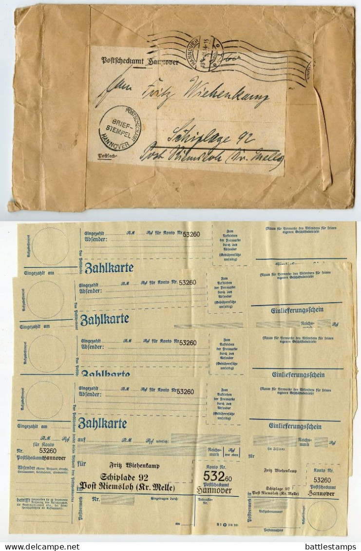 Germany 1931 Postscheckamt (Postal Check Office) Cover; Hannover To Schiplage; 18 Zahlkartes (Payment Cards) - Lettres & Documents