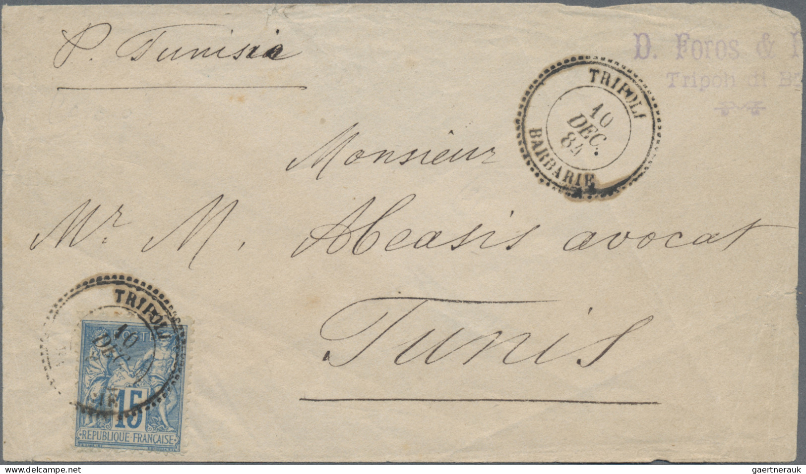 French Post Offices In The Levant: 1884, Sage 15c. Blue On Cover From "TRIPOLI B - Andere & Zonder Classificatie