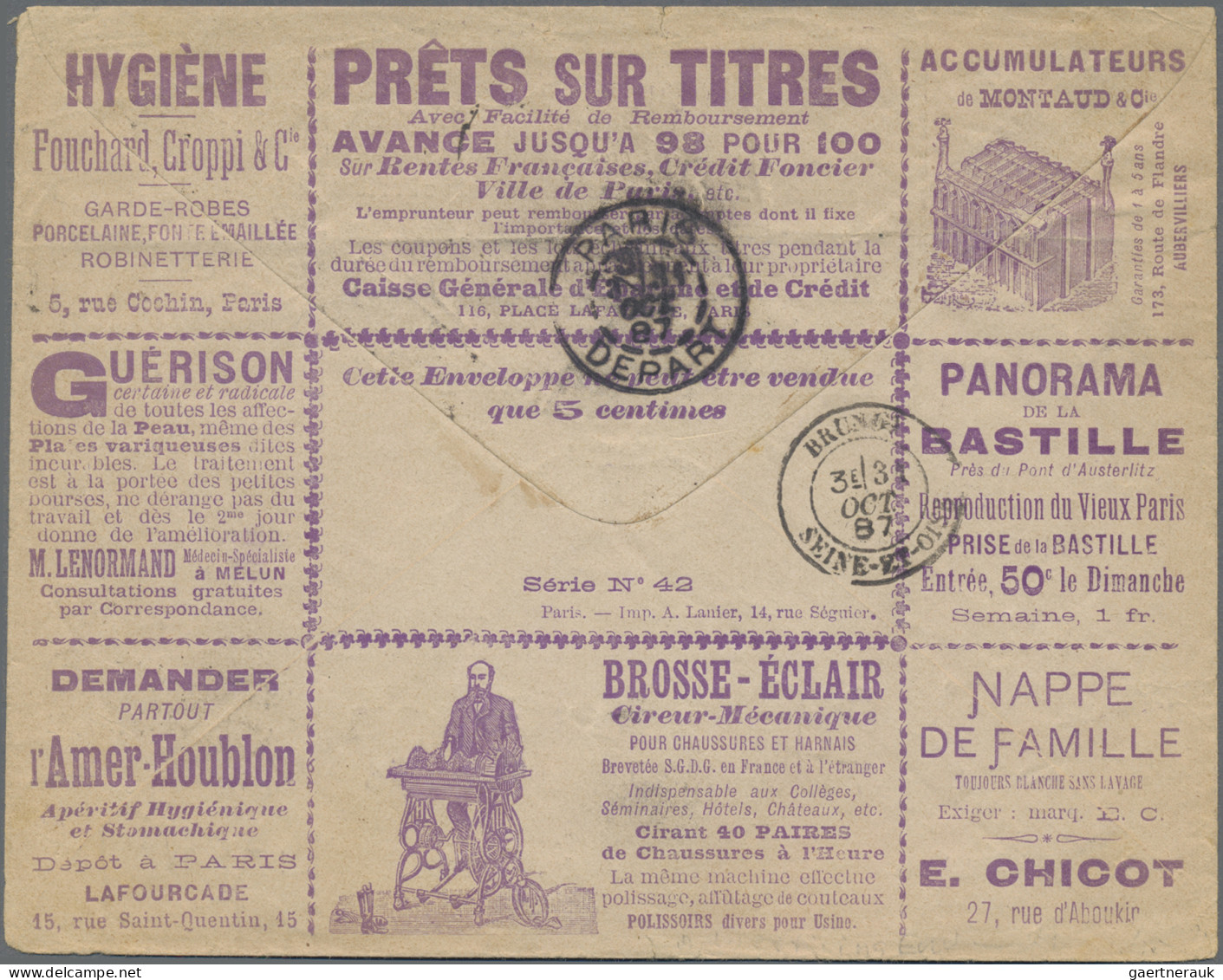 France - Postal Stationery: 1887, Type Sage 15c. Blue, Advertisement Envelope "P - Autres & Non Classés