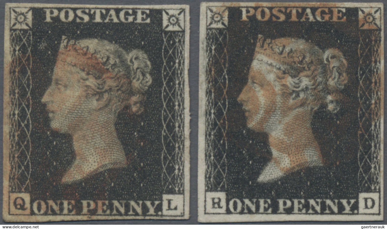 Great Britain: 1840 Two Singles 1d. Black Lettered Q-L Resp. R-D, Each With Red - Gebruikt