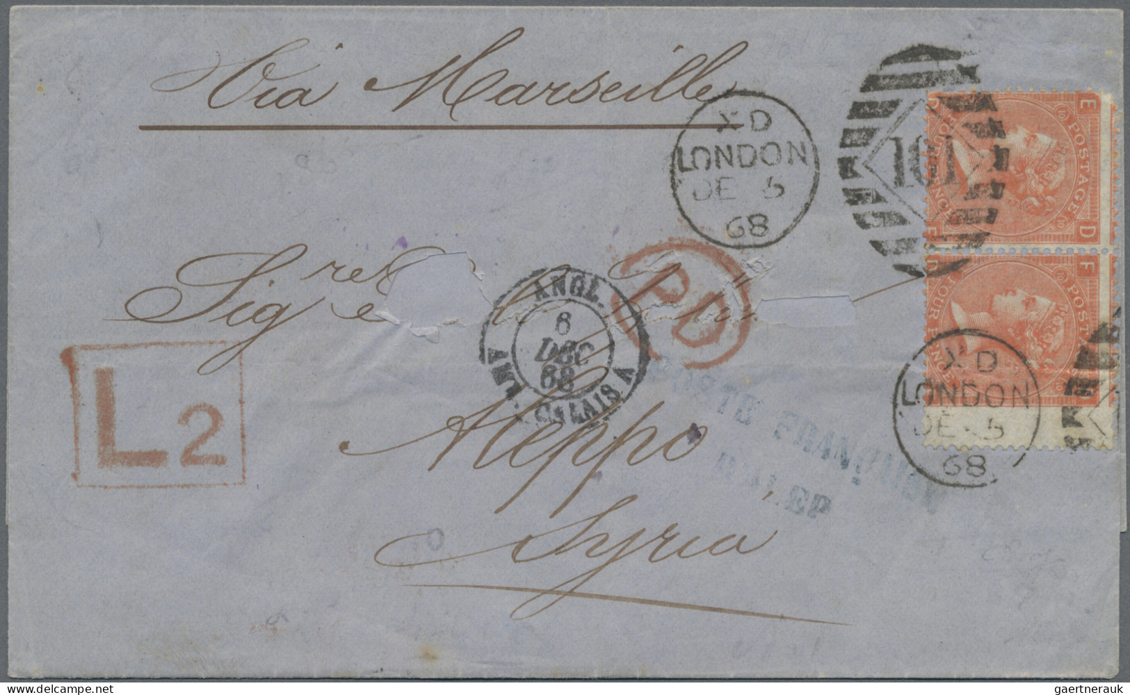 Great Britain: 1868 Folded Cover From London To Aleppo, Syria Via Calais And Mar - Briefe U. Dokumente