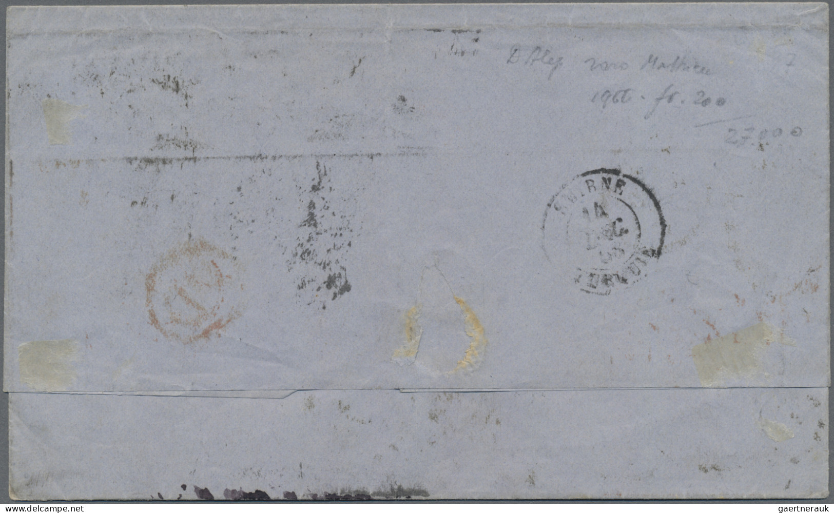 Great Britain: 1868 Folded Cover From London To Aleppo, Syria Via Calais And Mar - Storia Postale