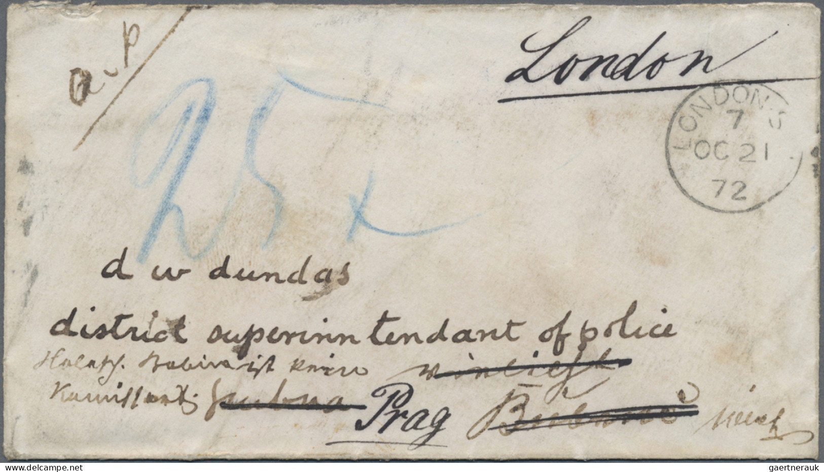 Great Britain: 1872 Stampless Cover From London To Bubna, Redirected To Bubenc A - Storia Postale