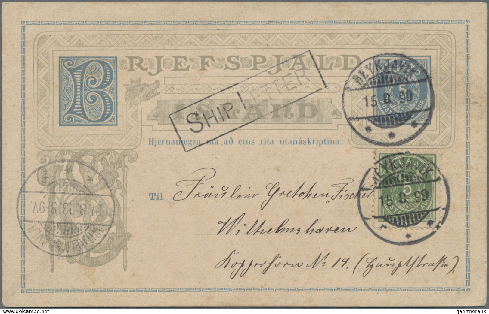 Iceland - Postal Stationery: 1899, Card 5 Aur. Blue Uprated 5 Aur. Green Canc."R - Enteros Postales