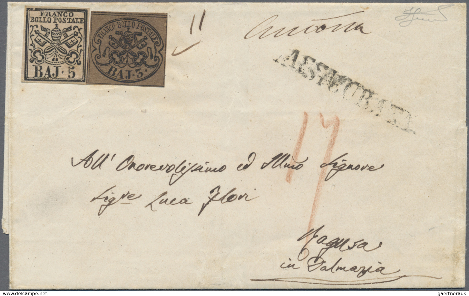 Italian States - Papal State: 1852, 3 Baj. + 5 Baj. (1854 Ancona - Trieste - Zar - Etats Pontificaux