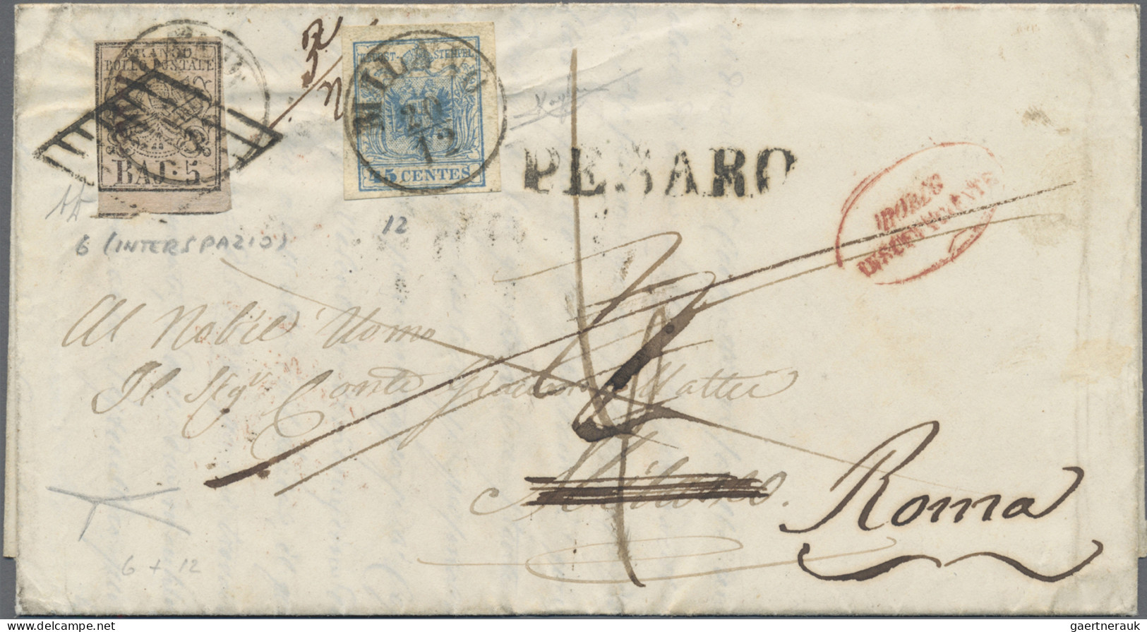 Italian States - Papal State: 1852, 5 Baj. (1855 Urbino - Pesaro - Milano - Rome - Stato Pontificio