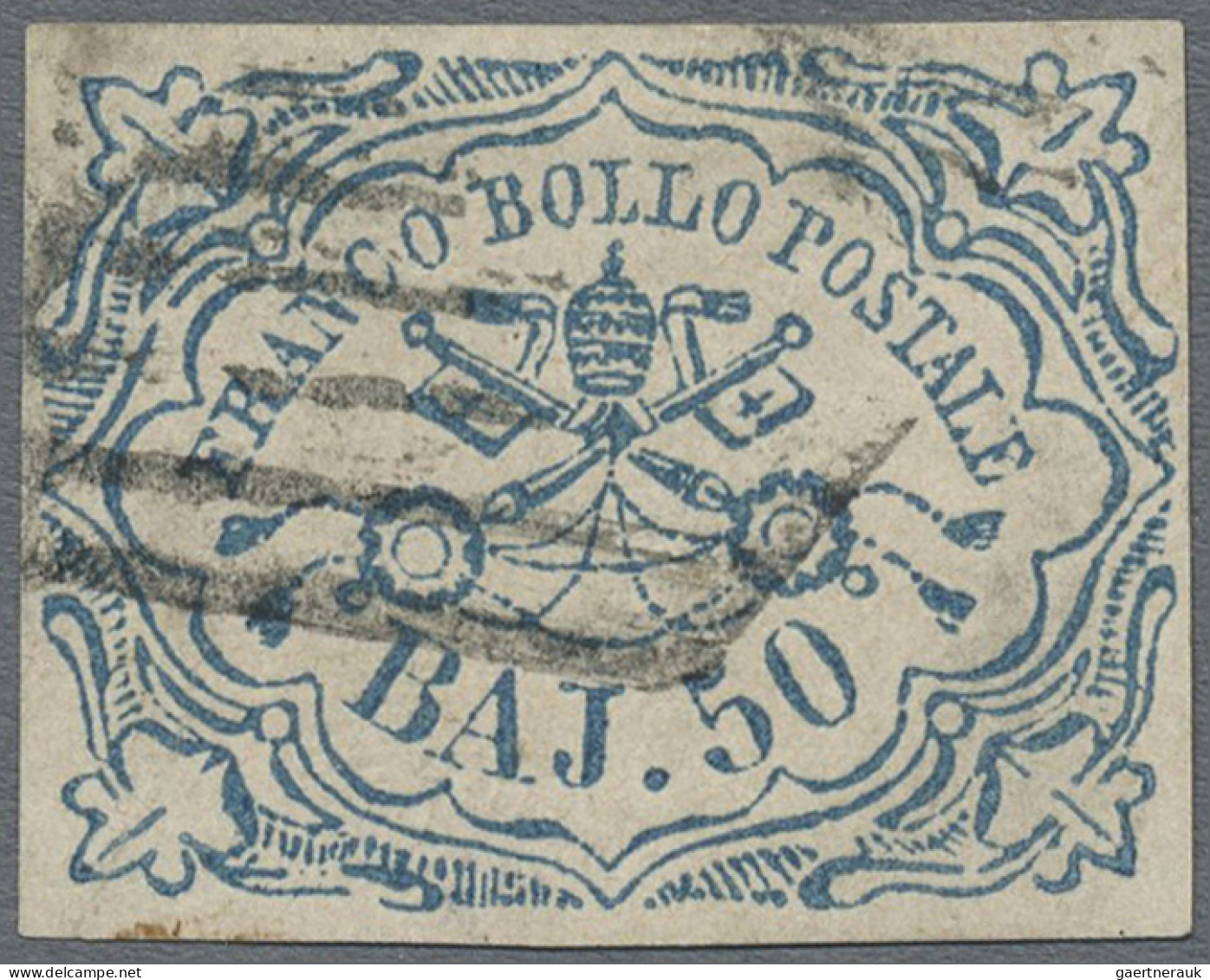 Italian States - Papal State: 1852, 50 Baj. Blue, Complete Margins, Cancelled By - Stato Pontificio