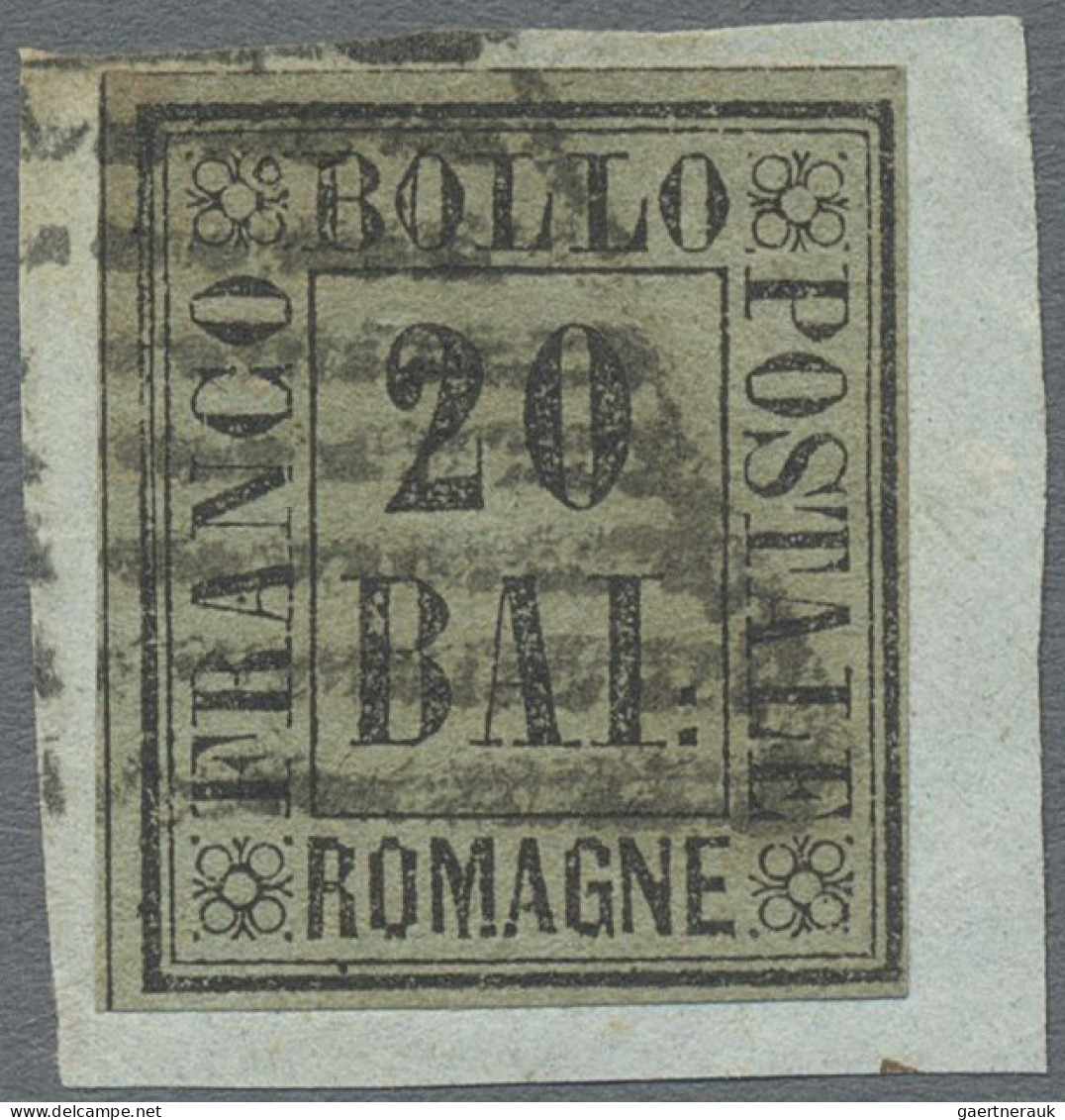 Old Italian States: Romagna: 1859, 20 Baj. Grey Green, Tied By Mute Papal Grill - Romagne