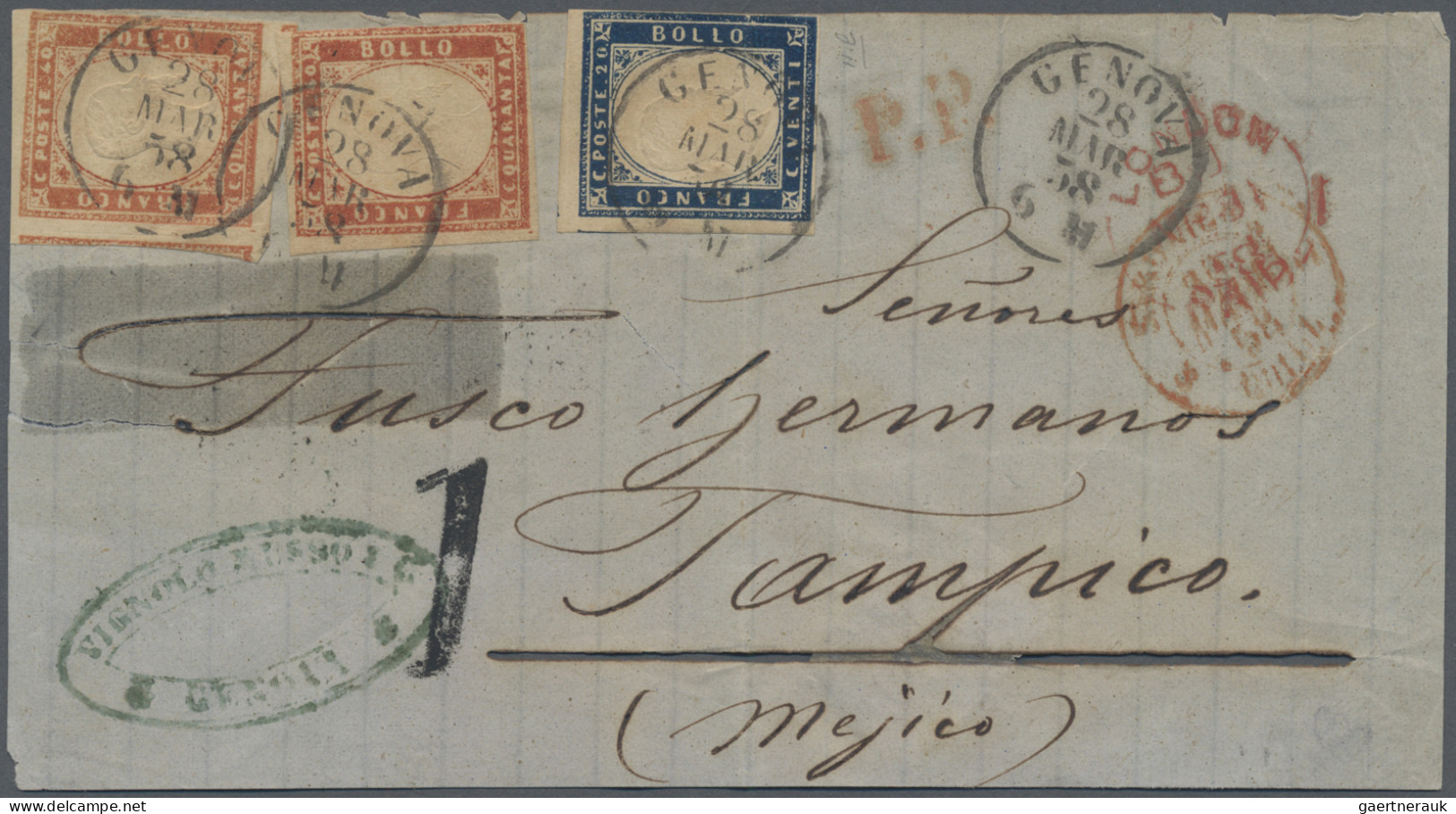 Italian States - Sardinia: 1858, Cover Front, Franked With 2x 40 C Vermillion An - Sardaigne