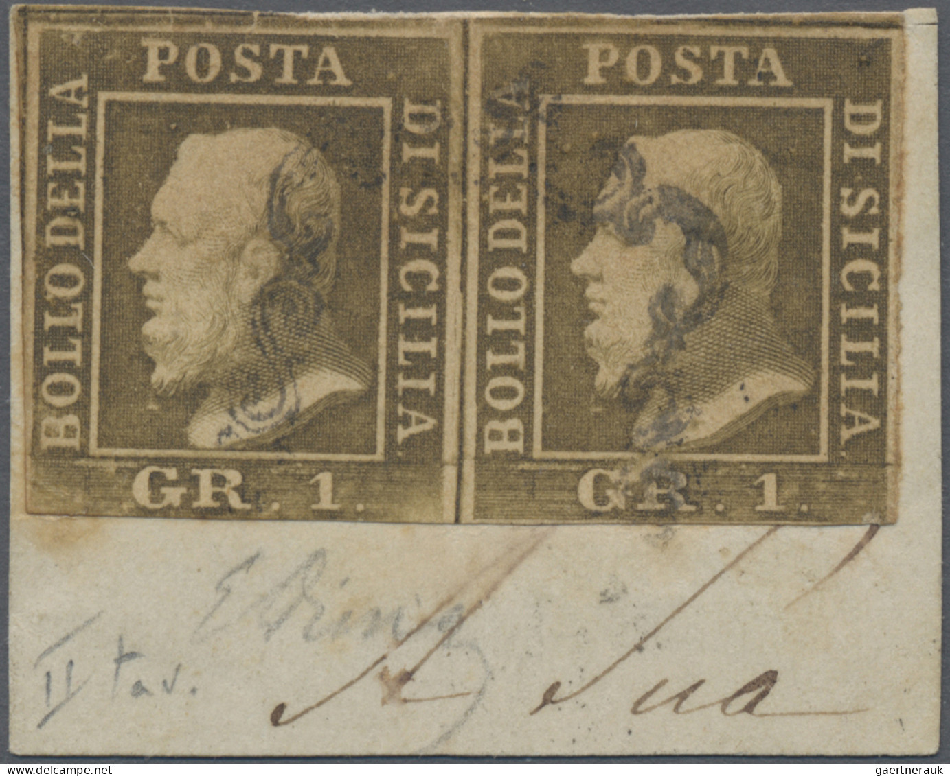 Italian States - Sicily: 1859, 1 Gr Brown (olive), Horizontal Pair On Small Piec - Sicily