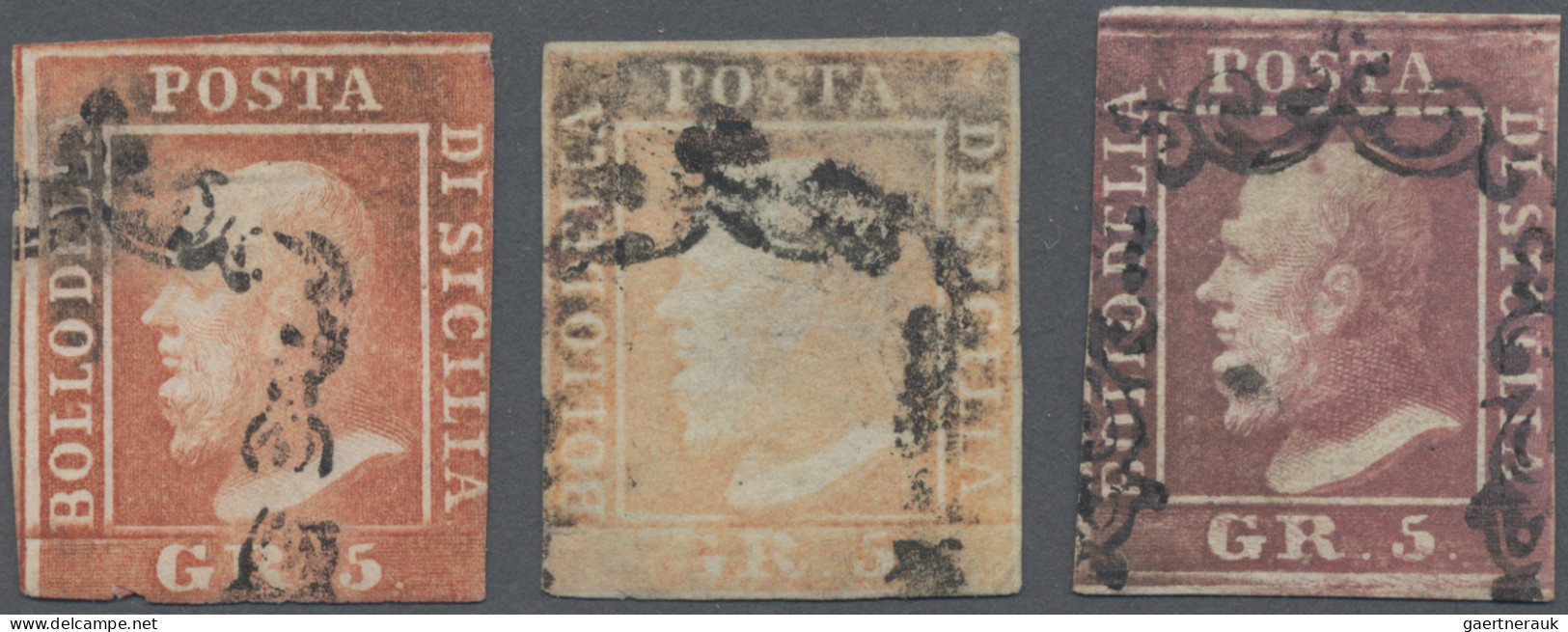 Italian States - Sicily: 1859, 5 Gr Rosa/red/vermillion, Three Used Stamps In Th - Sicilië