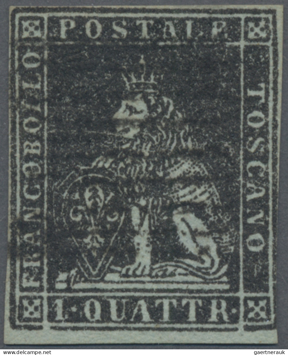 Italian States - Tuskany: 1851, 1 Qt Black On Bluish Grey Paper, Used, Large Mar - Toscana