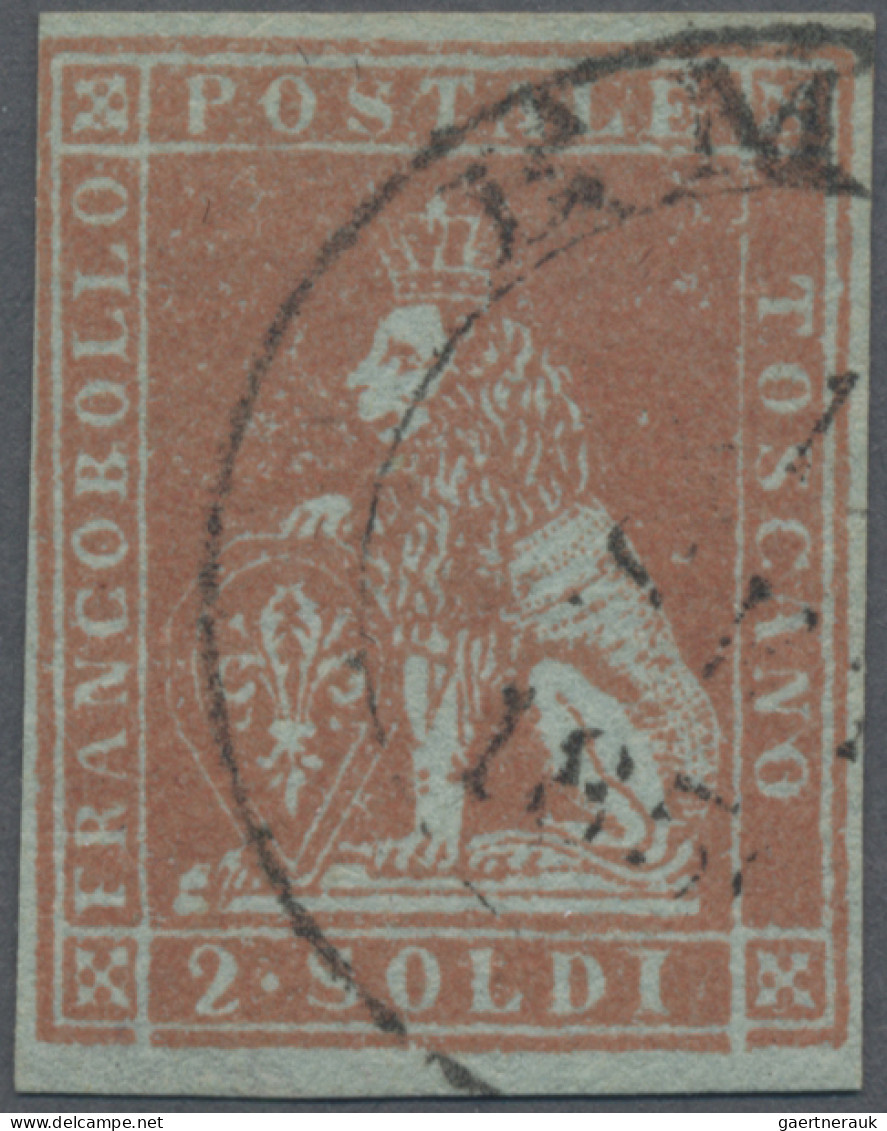 Italian States - Tuskany: 1851, 2 Soldi Red On Bluish Grey Paper, Cds "EM(POLI?) - Toscane