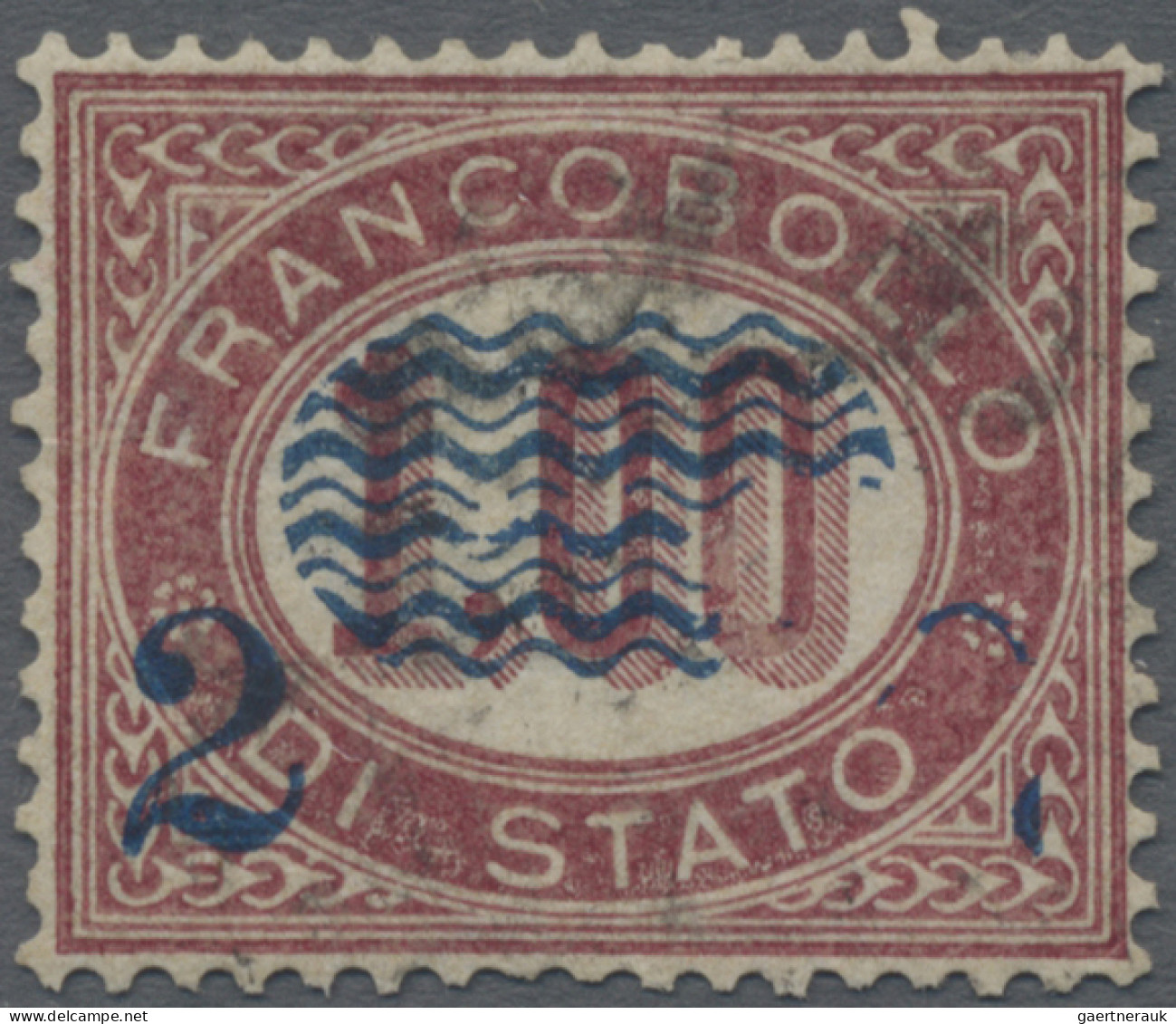 Italy: 1878, 2 C Blue On 1.00 L Dark Lilac, Part Of The Overprint Missing (parts - Oblitérés