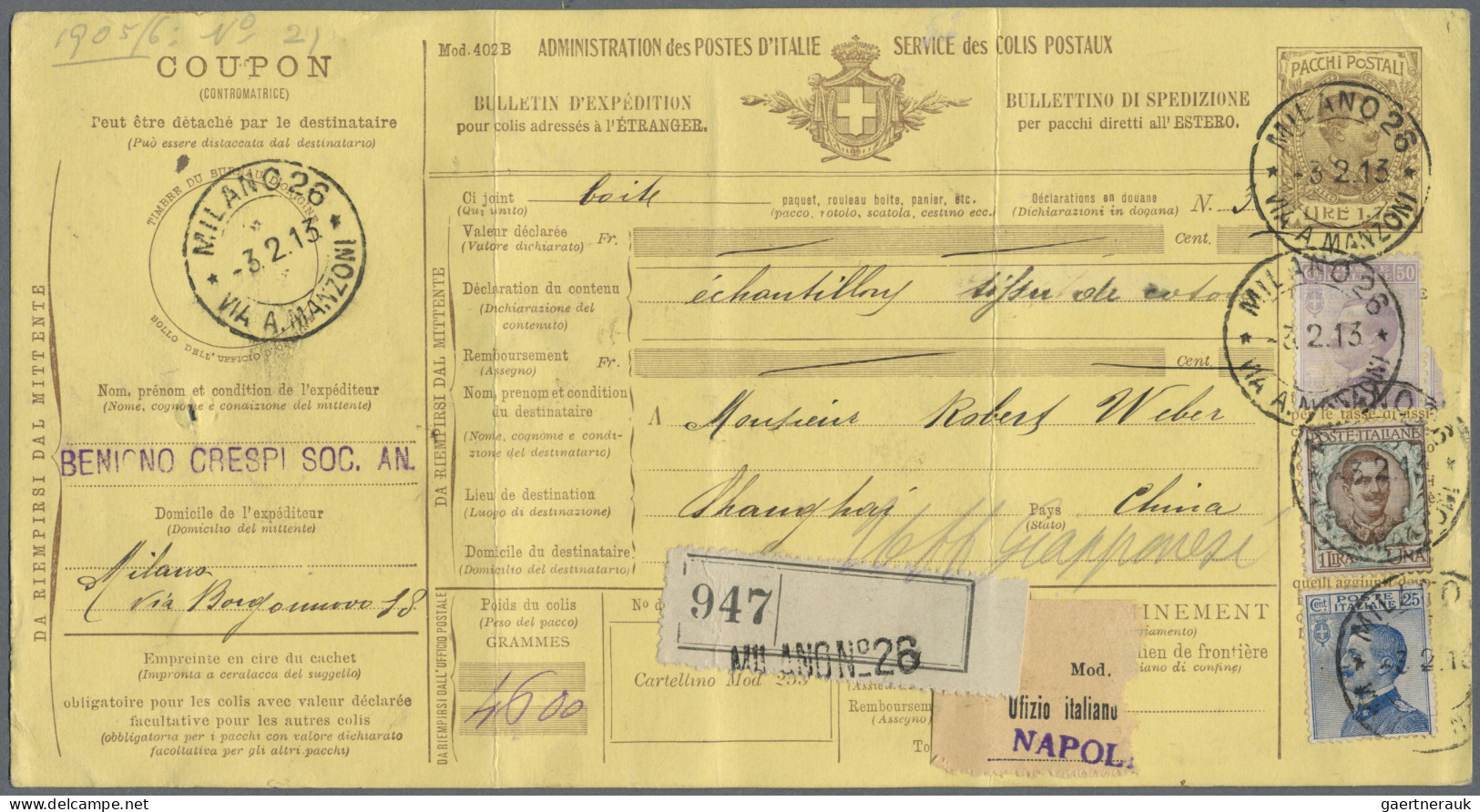 Italy: 1913, Complete Postal Stationery Package Card 1,75 L With Additional Fran - Other & Unclassified