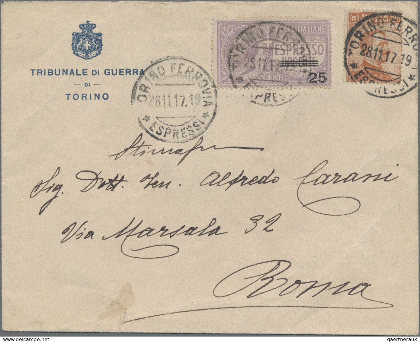 Italy: 1917, 25 C On 40 C Violet "Espresso Urgente", Tied By Cds "TORINO FERROVI - Marcophilie