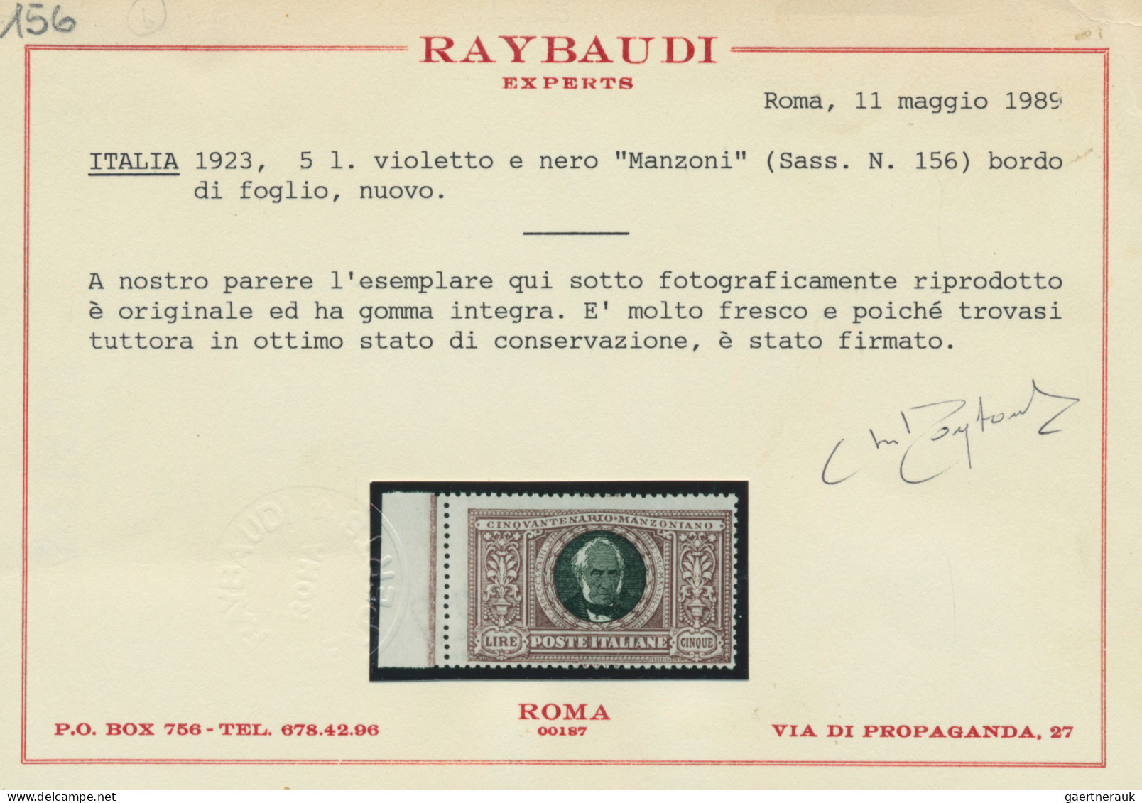 Italy: 1923, Manzoni Set, Mint Never Hinged MNH, Cert. Raybaudi (1989) For The 5 - Mint/hinged