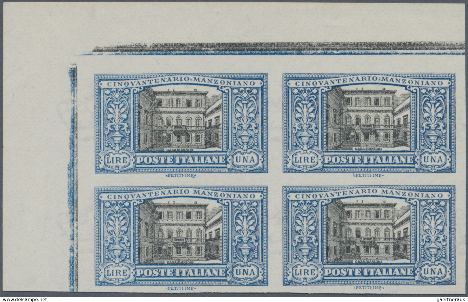 Italy: 1923, 1 L Manzoni, Mint Without Gum, IMPERFORATE Block Of Four With Sheet - Nuovi