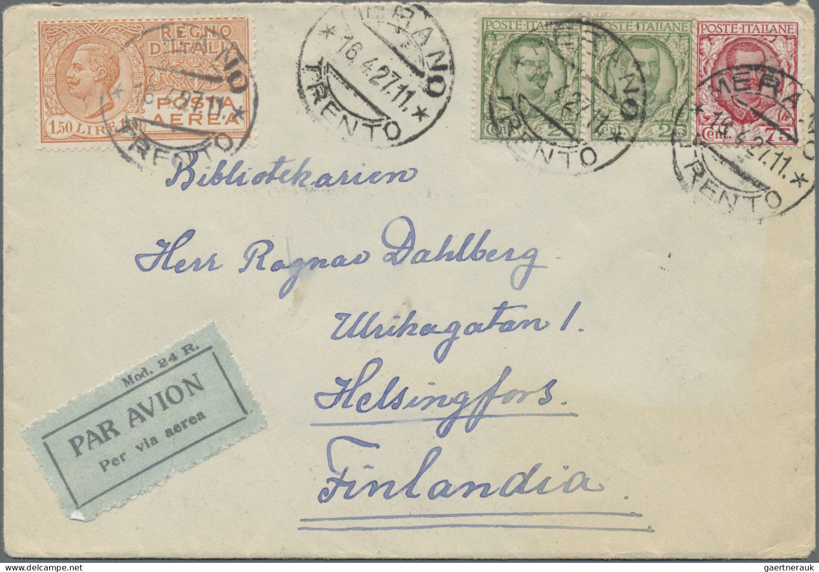 Italy: 1927, Airmail 1.50l. Orange In Combination With Vitt.Em. Horiz. Pair 25c. - Poststempel