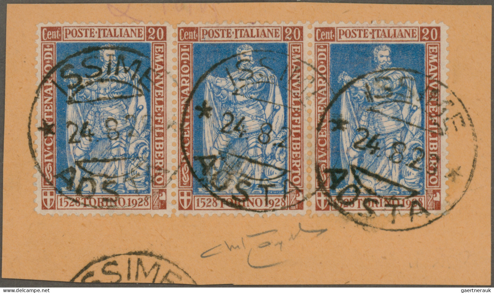 Italy: 1928, "Emanuelle Filiberti", 20 C Brown And Ultramarin, Horizontal Strip - Sonstige & Ohne Zuordnung