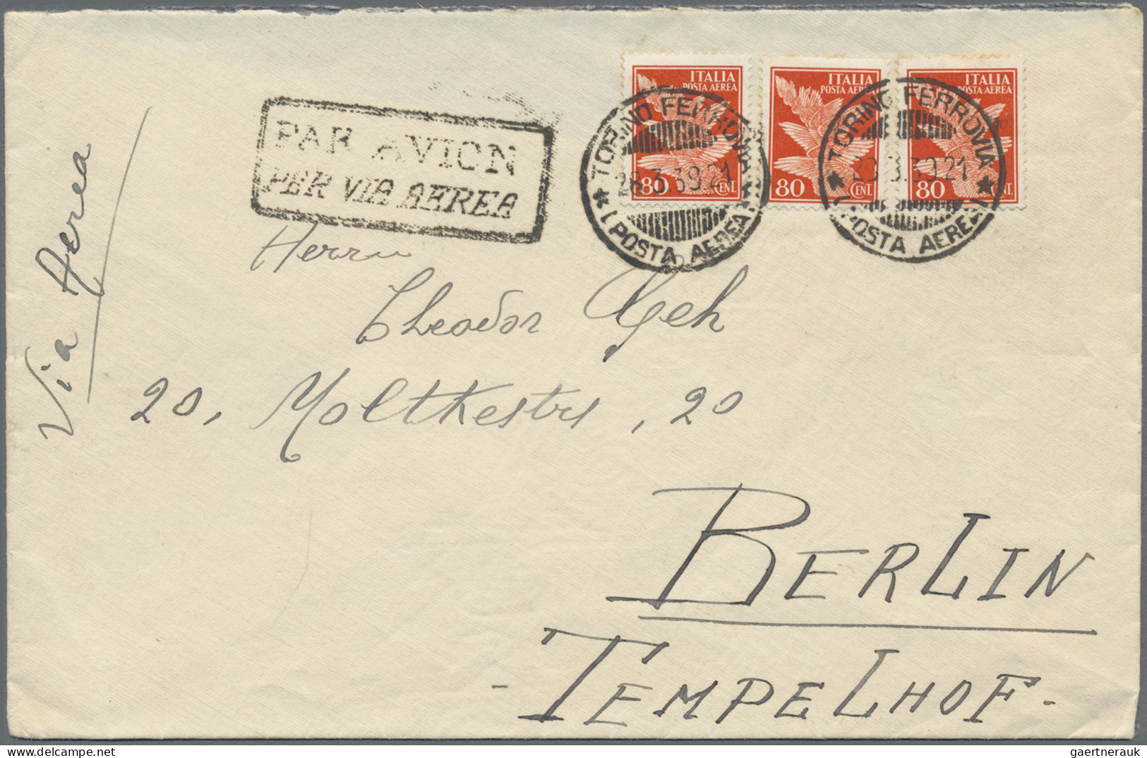 Italy: 1930, Airmail 80c. Orange, Three Copies On Airmail Cover From "TORINO 28. - Storia Postale