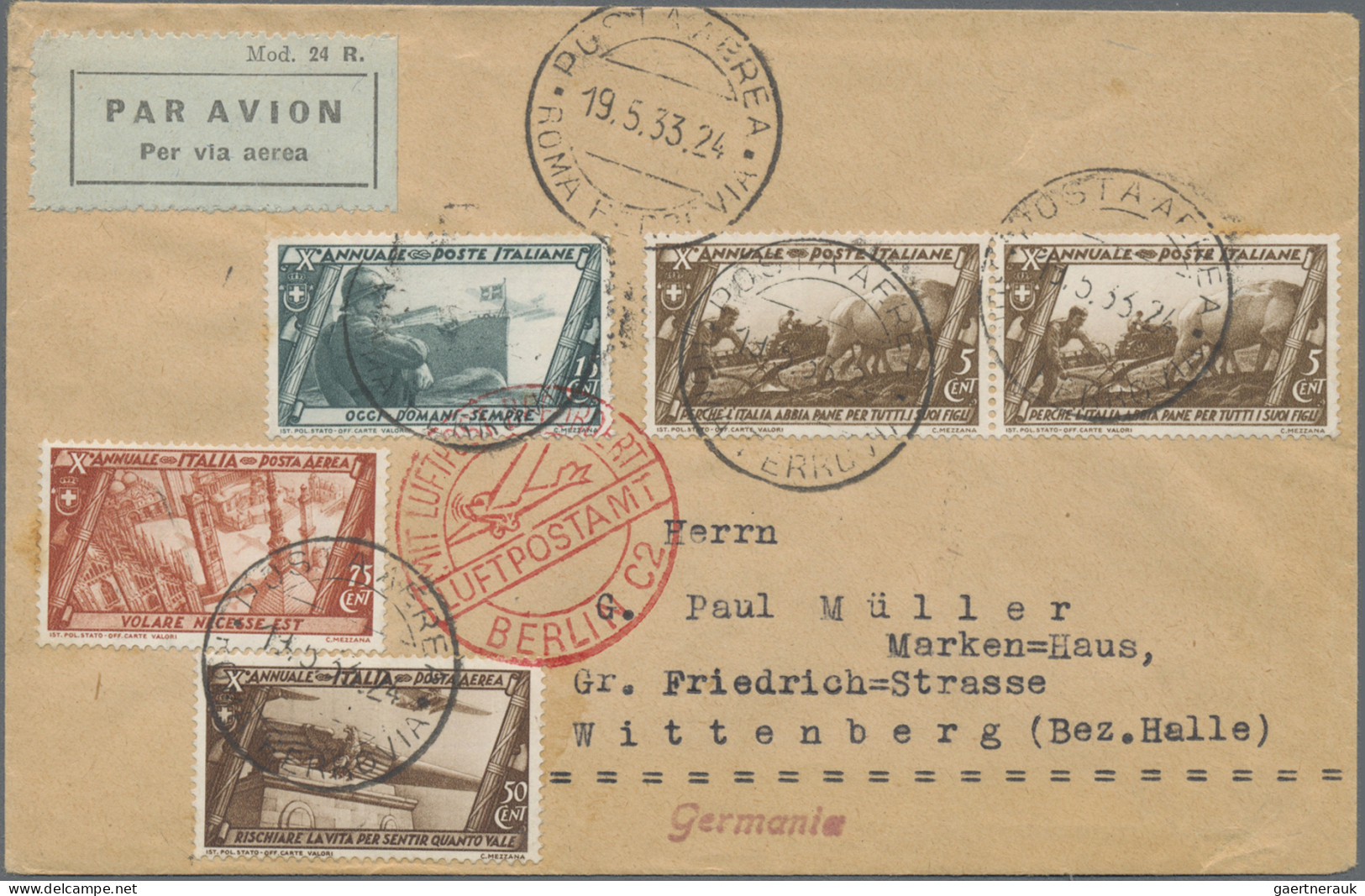 Italy: 1933, March To Rome, 5c. Brown Horizontal Pair, 15c. Green And Airmail 50 - Marcophilie