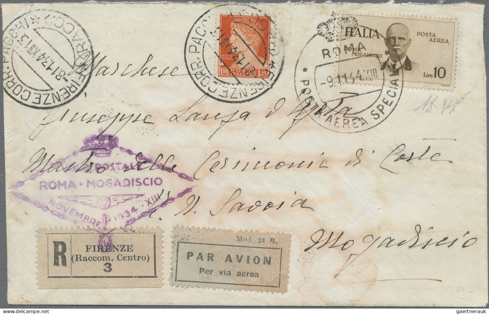Italy: 1934, 10 L Sepia Airmail For The Flight Rome-Mogadischu Tied By Rome Spec - Marcophilia