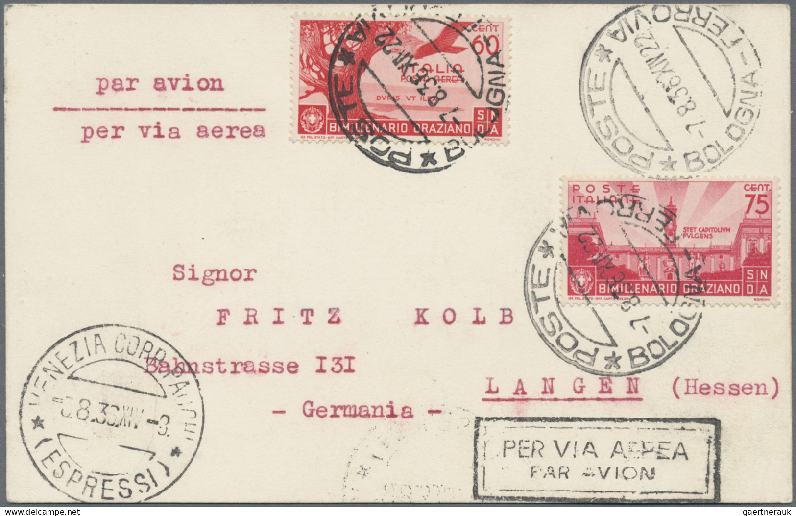 Italy: 1936, Horatio, Airmail Stamp 60c. Carmine And Surface-mail Stamp 75c. Car - Marcophilie