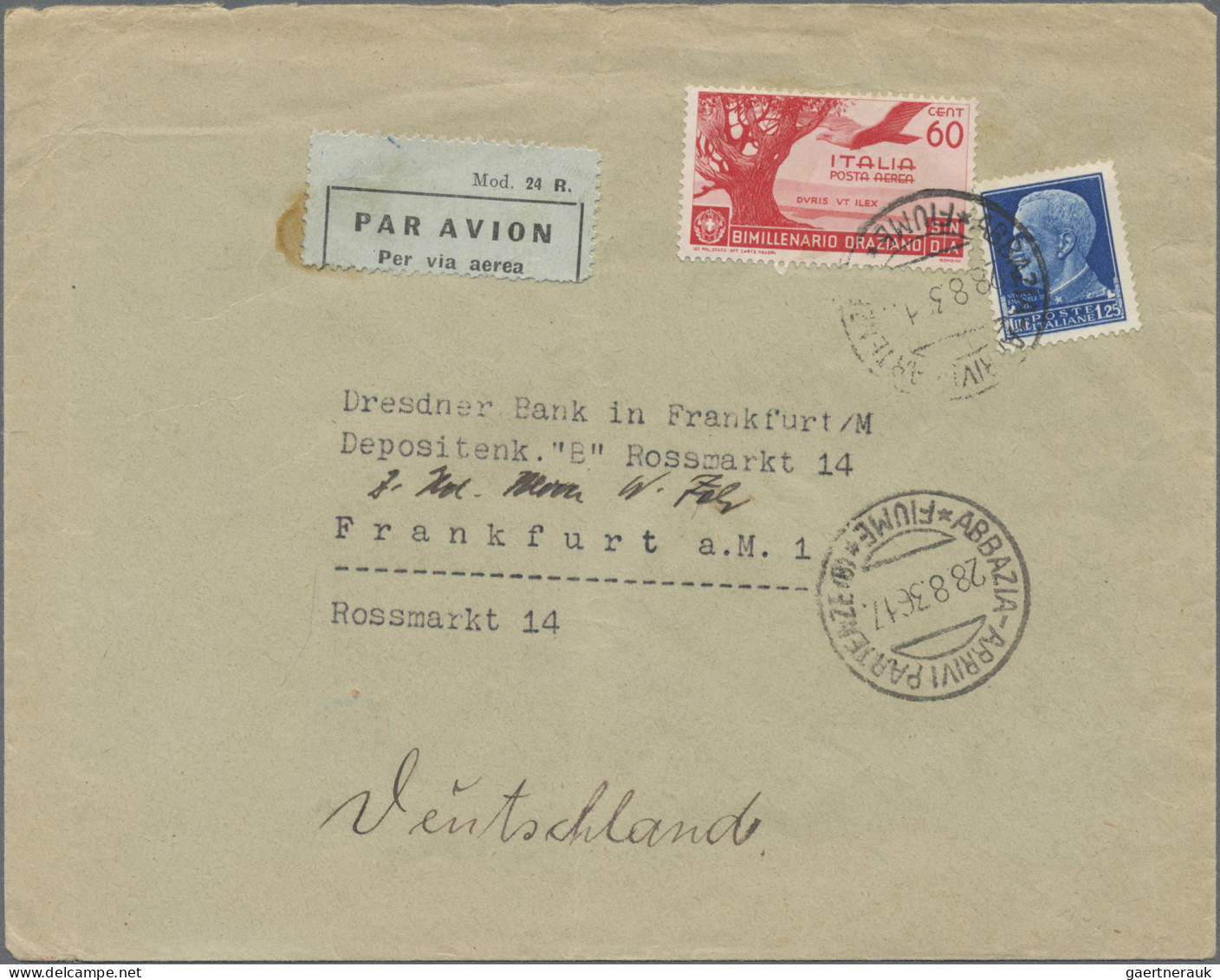 Italy: 1936, Horatio, Airmail Stamp 60c. Carmine And Vitt.Em. 1.25l. Blue On Air - Marcophilie