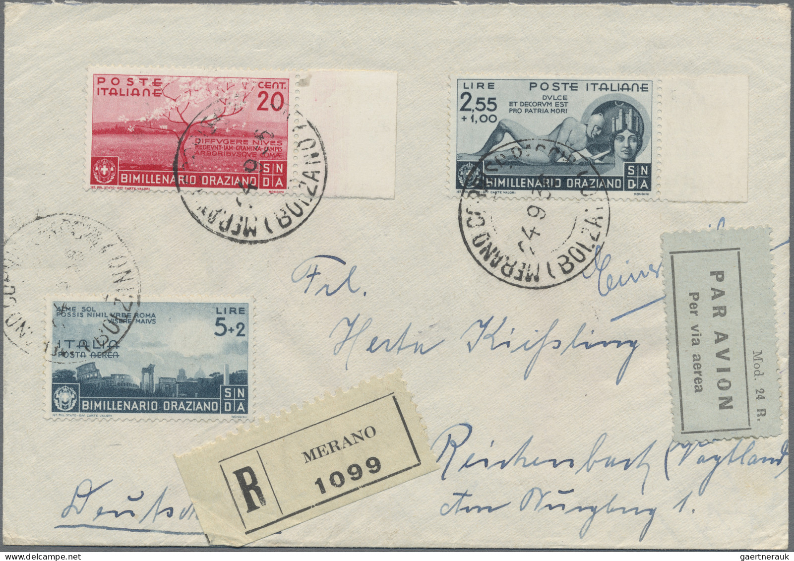 Italy: 1936, 2000th Birthday Of Horace, 5+2 L Airmail Together With 2.55+1 L And - Marcophilia