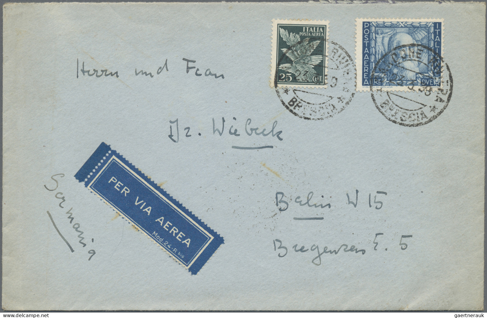 Italy: 1938, Italian Empire Airmail Stamp 2l. Blue And Airmail 25c. Green On Air - Poststempel